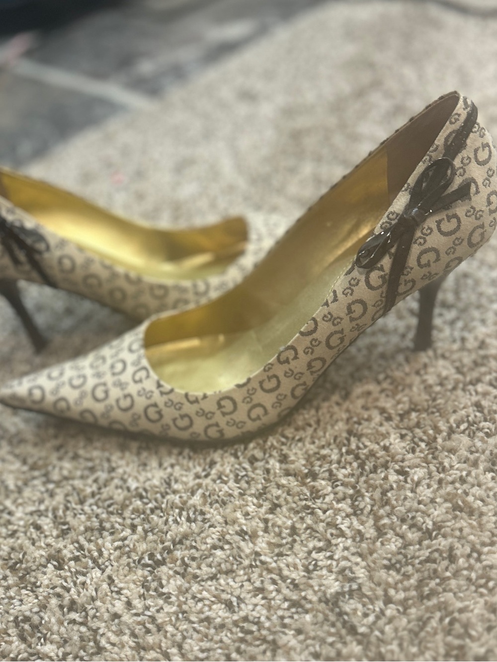 Guess Beige Logo Canvas Pumps with Brown Patent Bow